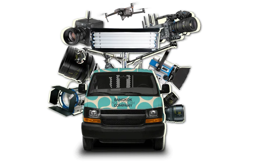 Bangkok Production Company van loaded with cameras, lights, drone and film equipment
